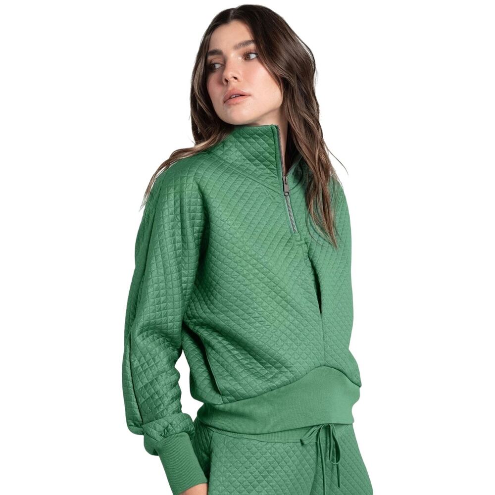 Lole Green Quilted Air Layer Long Sleeve Henley Quarter Zip Popover Sweatshirt